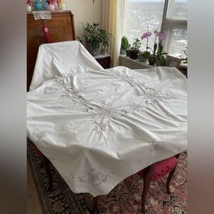 Vintage MCM Classic Ecru Hand Embroidered Tablecloth Floral design 80x65 inches